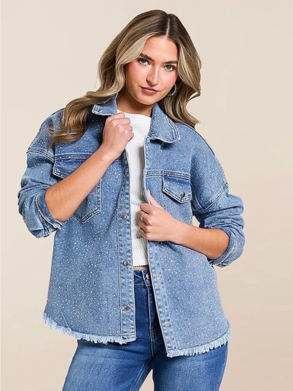 Veveret VJ71479 Rhinestone Denim Jacket Medium Wash Stretch M